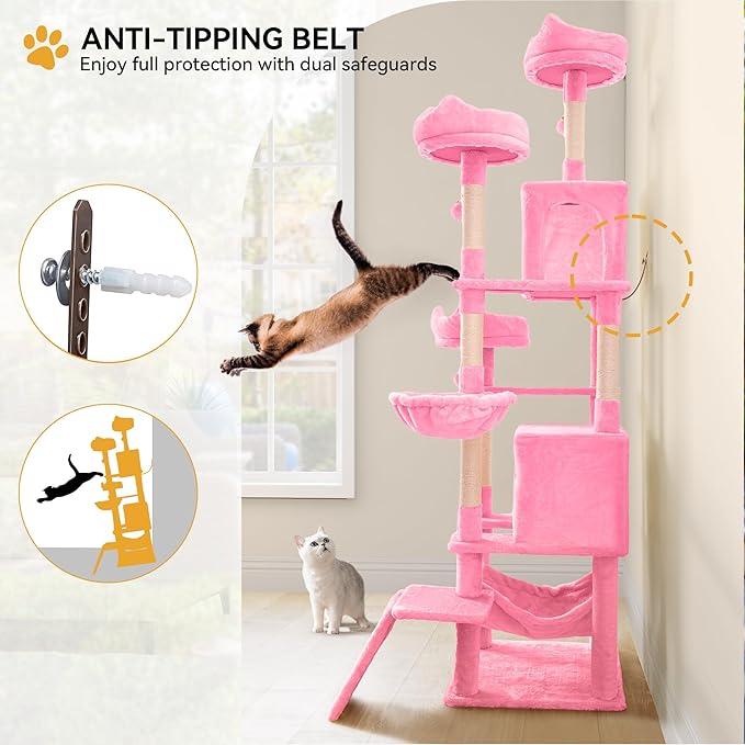 YITAHOME 75-Inch Tall Cat Tree Indoor: Multi-Level Kitten Tower with Kitty Condos, Top Perches, Sisal Ramp, Scratching Posts & Cozy Basket Hammocks Pet Play House Pink