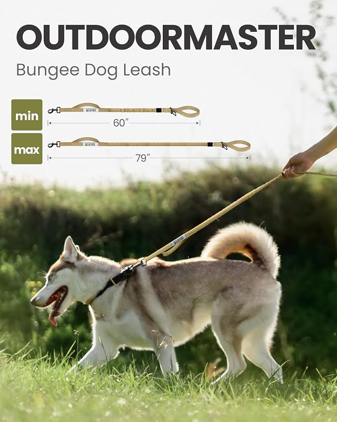 OutdoorMaster Bungee Dog Leash, Heavy Duty Dog Leash with Shock Absorption, 2 Padded Handles Training Leash, 1 Seat Belt Clip, Improved Dog Safety and Comfort -(Khaki, 6 FT)