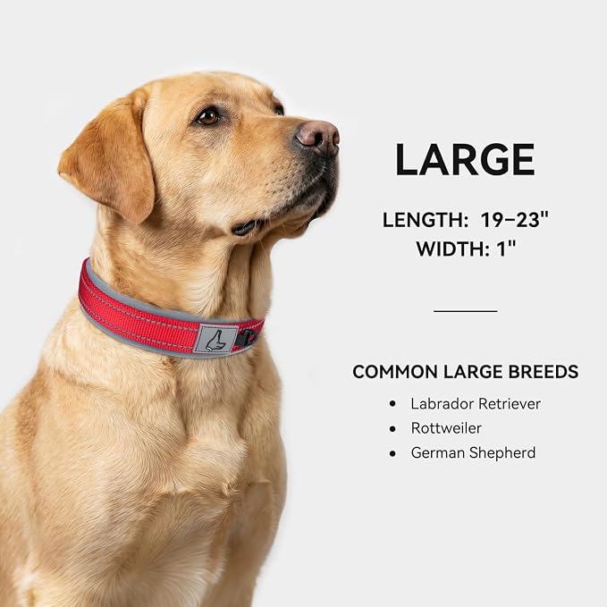 Joytale Dog Collar for Large Dogs, Neoprene Padded and Adjustable, Reflective Wide Heavy Duty Pet Collars with Durable Metal Belt Buckle for Walking, Red, L