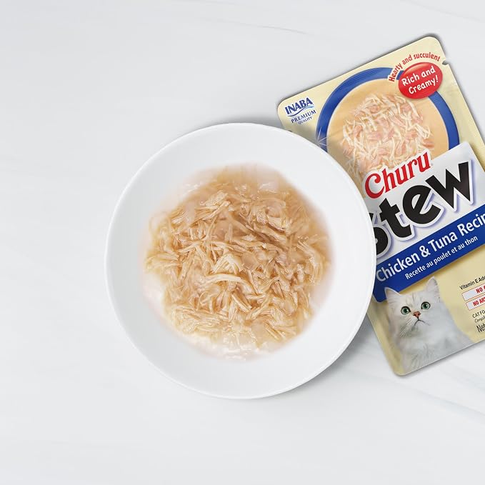 INABA Churu Stew for Cats, Creamy Purée Side Dish Pouch, 1.05 oz Pouches, 15 Pouches Total, Chicken Variety