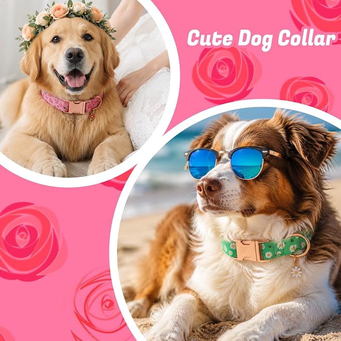 3 Pack Floral Dog Collars for Large Dogs Pink Dog Collar with Flower Pendant for Girl Female Dogs Adjustable Puppy Collars Pet Collar (13.7-21 inch)
