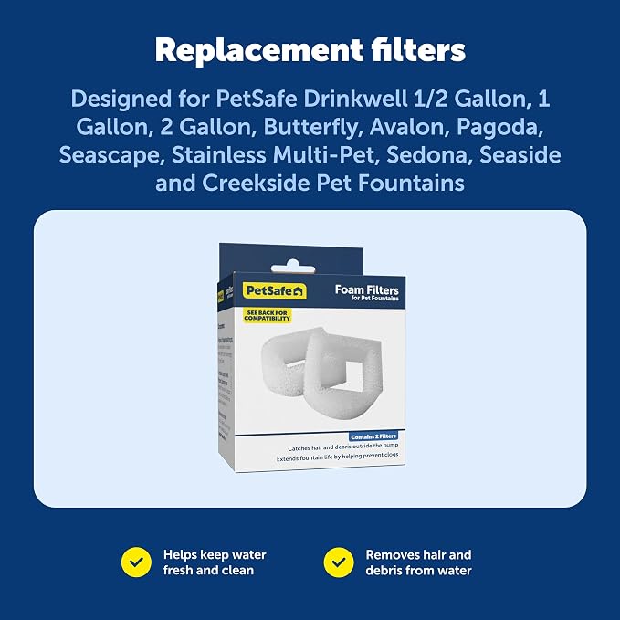 PetSafe Drinkwell Replacement Foam Filters - Compatible with PetSafe Ceramic and Stainless Steel Pet Fountains for Water Dispensers, 2 Pack (PAC00-13711)