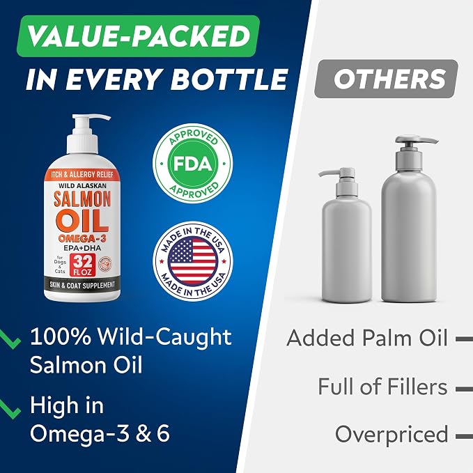 StrellaLab 32 OZ Salmon Oil for Dogs - Omega 3 for Dogs & Cats, Itch & Allergy Relief, Wild Alaskan Salmon Oil for Skin & Coat, Fish Oil Liquid, Shedding Health Support EPA & DHA Fatty Acids