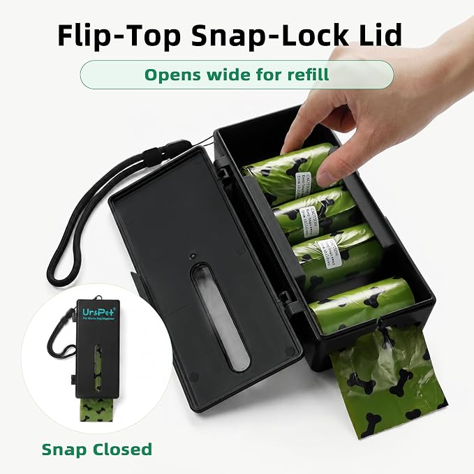Portable Dog Poop Bag Dispenser, 60 Bags, Black | wall mount design, easy bag pull, flip top lid, leak resistant refill bags, simple refill access, tidy home or yard use