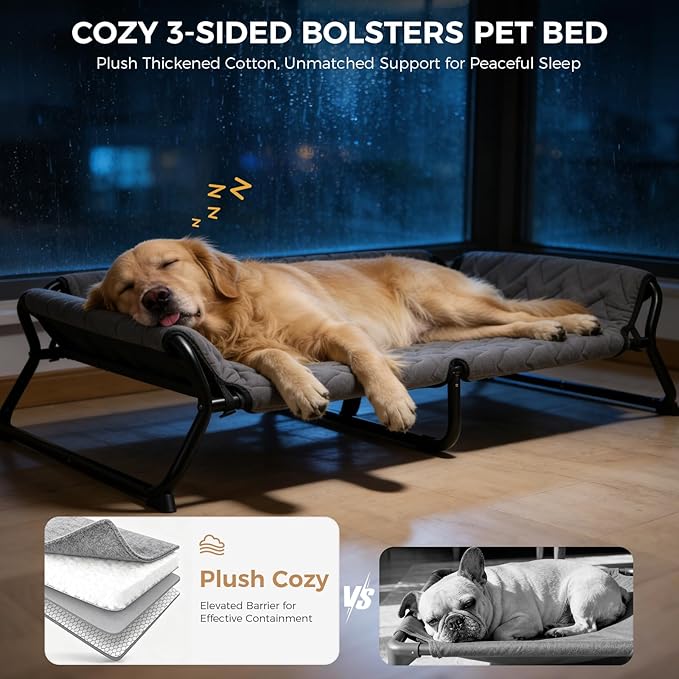 Elevated Dog Bed with Bolster, 2-in-1 Raised Dog Cot for Large Dogs up to 90 lbs, Removable Machine Washable Cushion, Stable X-Frame Dog Sofa Bed for Indoor Covered Outdoor Use