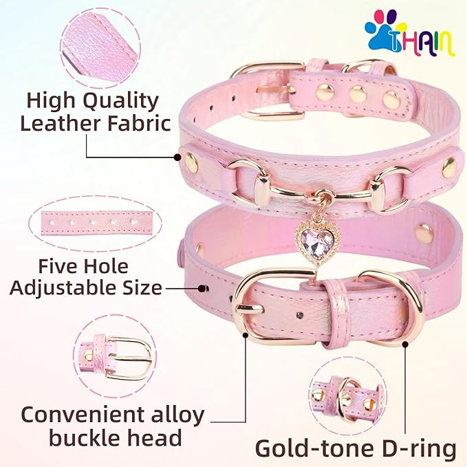 THAIN Fashion Dog Collar with Bling Diamonds & Heart Charm – 5 Holes Adjustable PU Leather Rhinestones Necklace Collar, Gold Buckle for Small Dogs Girl (Pink, XS)