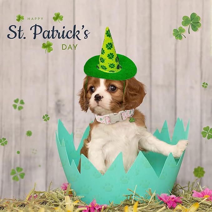 DOGWONG Green Dog Collar- Spring Female Dog Collars Adjustable St. Patrick's Day Puppy Pink Clover Dog Collar for Small Medium Large Dogs M