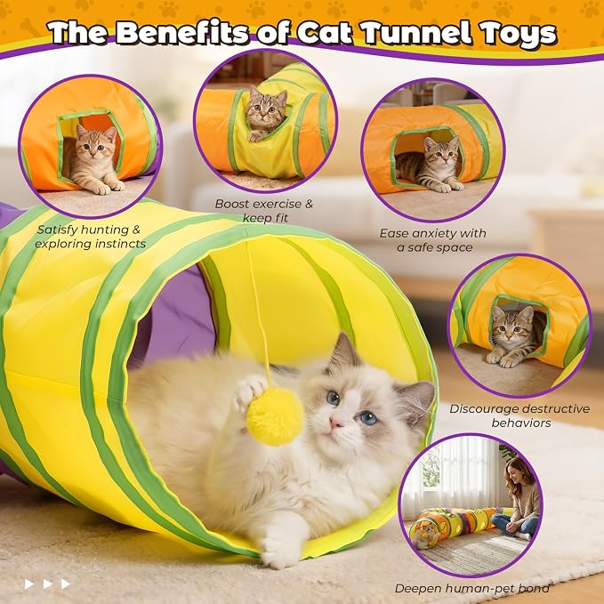 Cat Tunnel for Indoor Cats Large, Collapsible Cat Playhouse Pet Play Tunnel Tube Maze with Hanging Pom-Poms and Interactive Holes for Kitten, Kitty, Puppy, Rabbits, Ferret, Guinea Pig