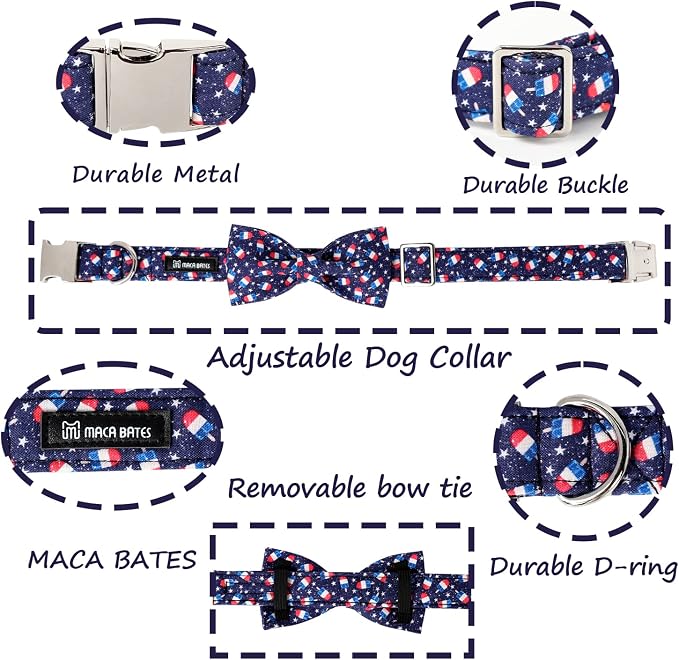 Maca Bates American Flag 4th of July Dog Collar with Bow Tie for Dogs Bowtie 4 of 7 Summer Blue Adjustable Durable Patriotic Collars USA Independence Day Gift for Small Medium Large XL Boy Girl Puppy