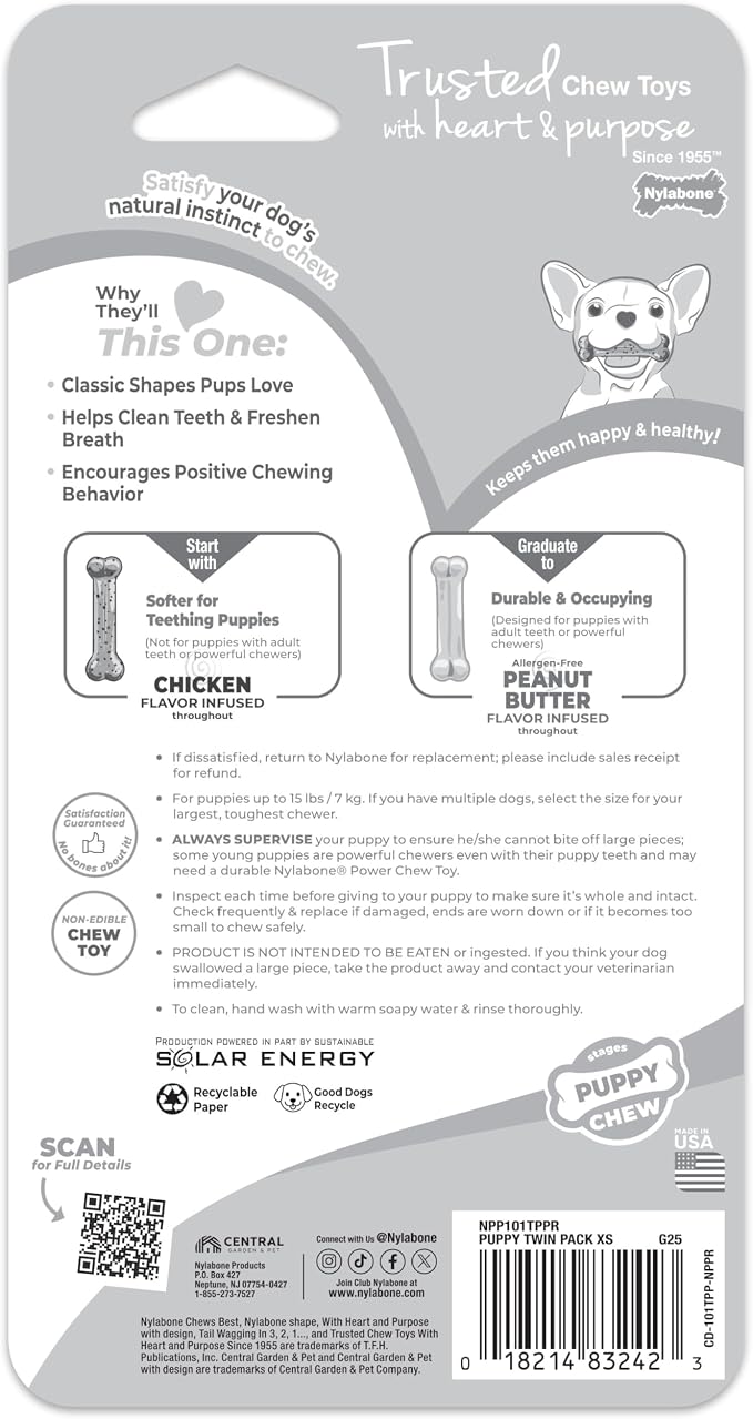 Nylabone New Puppy Power Chew Stages, Soothing Puppy Teething Toys, Chew Bones for Puppies, Long Lasting Peanut Butter & Chicken Flavor, For X-Small Dogs - Up to 15 lbs., 2 Pack