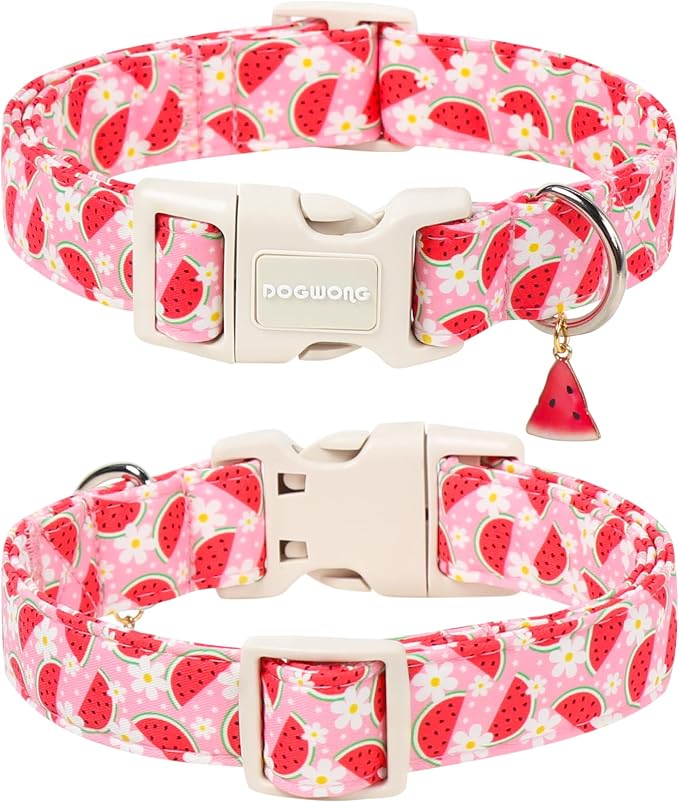 Summer Watermelon Dog Collar for Girly Dogs- DOGWONG Spring Summer Girl Pink Flower Pattern Dog Collar, Adjustable Soft Cute Dogs Collars for Small Medium Dogs, XS