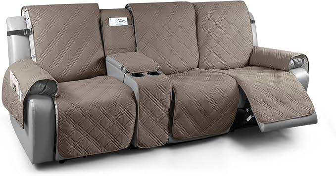 TAOCOCO 100% Waterproof Recliner Couch Covers with Console, Sofa Covers for Reclining Sofa 3 Seat with Straps Design, Split Recliner Sofa Cover Furniture Pets Kids Protector (3 Seater, Taupe)