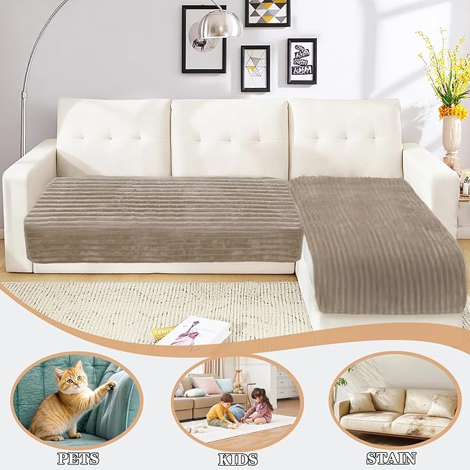 NAISI Couch Covers for Dogs Waterproof Flannel Striped Sofa Cover Pet Friendly Washable Dog Mat for Couch Anti Slip Sectional Sofa Slipcover Protector(2pcs/35"x63"+35"x70",Khaki)
