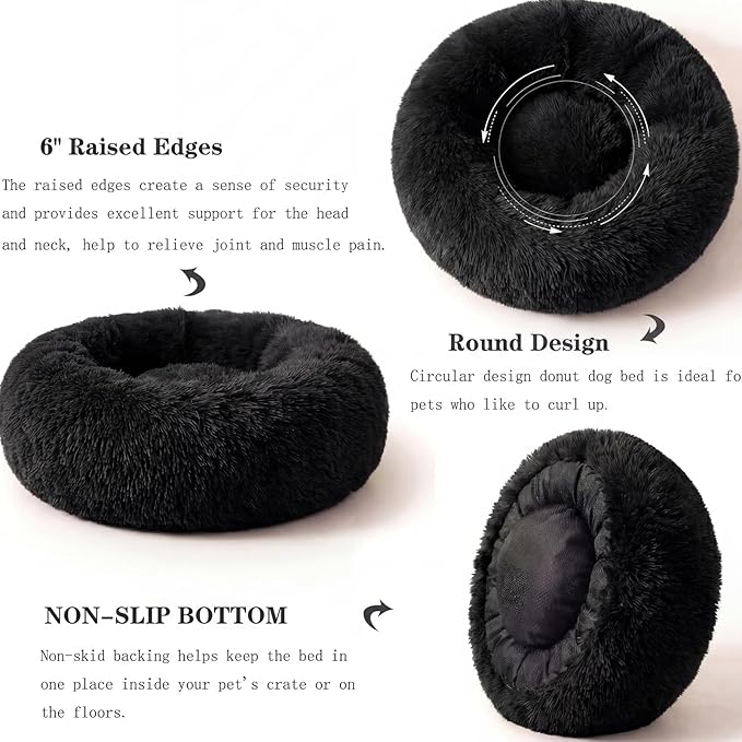 Calming Donut Dogs Beds for Small Dogs Washable,23inch Plush Round Pet Bed for Cozy Sleep,Fluffy Faux Fur Large Cat Bed,Fits up to 25 lbs Pets,Black