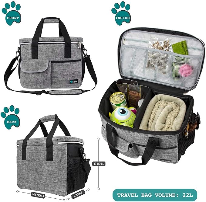 PetAmi Dog Travel Bag Organizer, Pet Travel Kit with 2 Food Containers & 2 Collapsible Dog Bowls, Pet Supplies Tote with Luggage Sleeve, Weekend Road Trip Camping Essentials, Gray, Medium