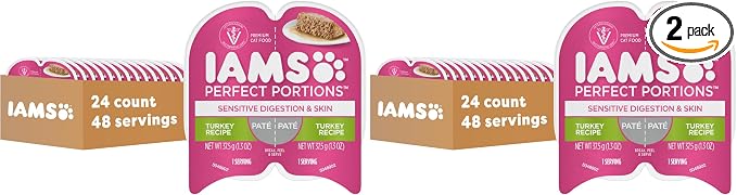 IAMS Perfect Portions Sensitive Digestion & Skin Adult Wet Cat Food Pate, Turkey Recipe, 2.6 oz. Easy Peel Twin-Pack Trays (24 Count, 48 Servings) (Pack of 2)