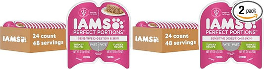 IAMS Perfect Portions Sensitive Digestion & Skin Adult Wet Cat Food Pate, Turkey Recipe, 2.6 oz. Easy Peel Twin-Pack Trays (24 Count, 48 Servings) (Pack of 2)