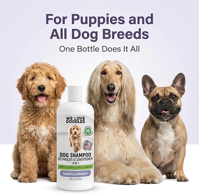 Dog Shampoo, Conditioner & Detangler - Best Shampoo for Goldendoodles, Poodles & Doodles Pet Hair - Hypoallergenic, Tearless, Sensitive Skin for Puppies & All Dog Breeds - Made in USA, 16OZ (Lavender)