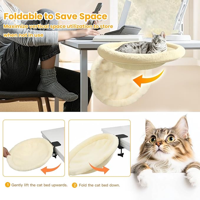 Pawaboo Cat Desk Bed, Sunken Cats Hammock with Steel Clamp Hold up to 40lbs, One-click Foldable Cat Side Table Beds with Soft Plush, Reversible & Washable Hanging Cats Bed for Game Home Desktop, Beige