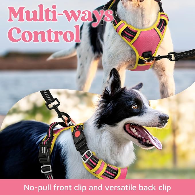 rabbitgoo Dog Harness Small Sized, 3 Buckles Easy On & Off No Pull Pet Vest, Soft Padded Walking Pet Harness with Control Handle, Adjustable and Reflective, Pink & Yellow, S