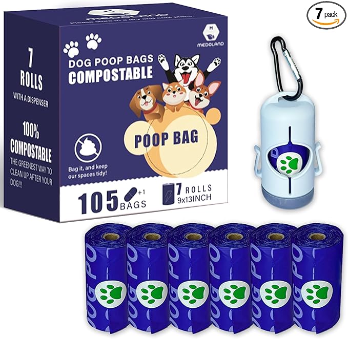 Compostable Dog Poop Bags BPI Certified Biodegradable Pet Waste Bags Leak-Proof Thickened and Opaque Eco Design (7 rolls & a dispenser)