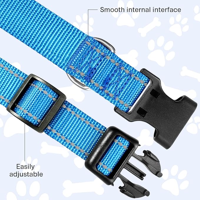FunTags Length 8" - 12" Reflective Sky Blue Dog Collar for Extra Small Dogs – Night Walking & Training Safety, Durable Quick Release Buckle, Nylon, Comfortable Adjustable, Width 5/8"