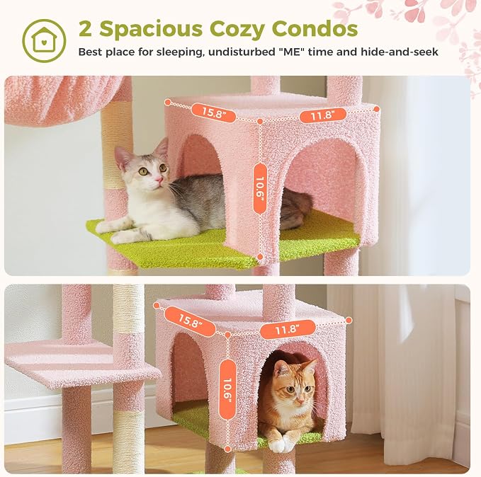 69” Tall Cat Tree for Indoor Cats Large Adult, Multi-Level Cat Tower with Scratching Post, Dual Top Perches, Big Hammock & 2 Spacious Condos, Cat Furniture for Multi-Cat Households, Pink/Green