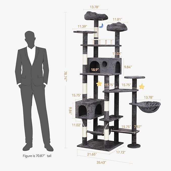 Meecal 79in Giant Cat Tree for Heavy Duty Big Cats, Large Cat Trees with Scratching Post, Cat Tree Tower with Cat Condos, Hammock & Plush Perch for Maine Coon, Smoky Gray
