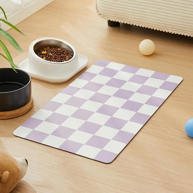 Checkered Dog Feeding Mat, Absorbent Mats for Dog Food and Water Bowl, Dispenser, Aesthetic Purple Checkerboard Pet Placemat for Dogs, Cats, Puppy Accessories (Purple, 12 x 19)