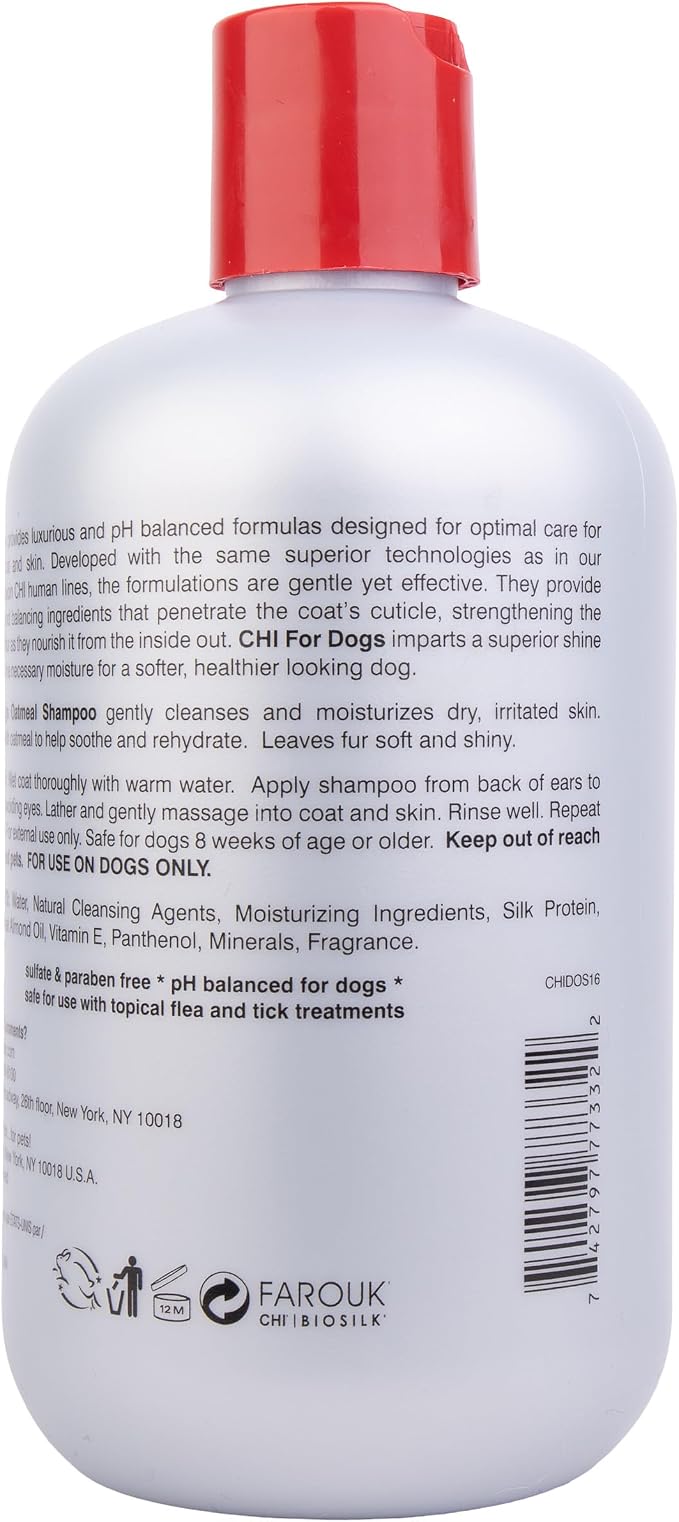 CHI for Dogs Oatmeal Shampoo Gentle Dog Wash Dry Itchy Skin and Dander Relief Soothing Formula Puppies 8 Weeks and Adult Dogs All Coat Types 16 FL OZ USA Grooming Routine Grooming Home Use