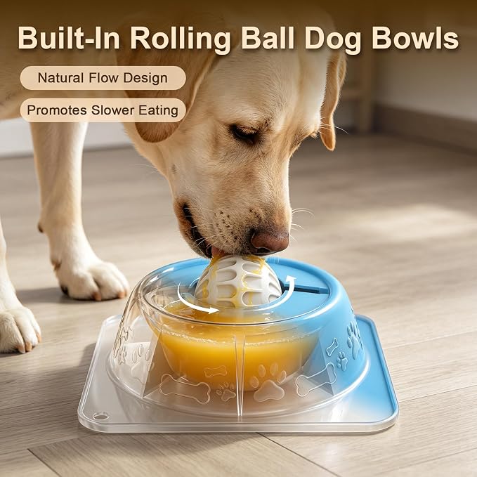 Slow Feeder Lick Bowl for Dogs and Cats, Anti-Slip Pet Water Bowl with Smooth Rolling Ball, No Spill Bowl for Water, Bone Broth, Yogurt & Pumpkin Puree, for Large Medium Small Pets, Light Blue