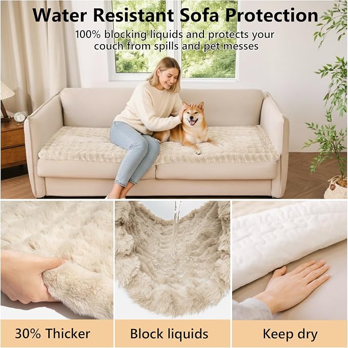FUNNY FUZZY Pet Couch Cover for Sofa, Thick Waterproof Couch Cover for Dogs Washable, Pet Friendly Fuzzy Sofa Covers Soft Dog Bed Mat Non Slip for Couches and Sofas, Khaki, 27.6"×70.9"