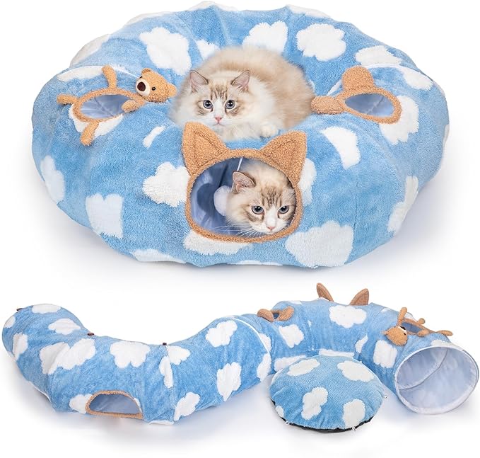 Cat Tunnel Bed, Tunnels for Indoor Cats with Washable Circle Cushion, Multifunctional Peekaboo Cave Donut Tubes Tunnel for Cat Kitty Kitten Puppy Rabbit Ferret (Sky Blue)