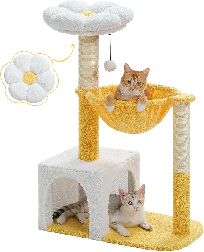 MUTTROS Cute Cat Tree with Flower Top Bed - Cloud Scratching Posts, 35" Small Cat Tower with Large Metal Frame Hammock for Indoor Cats, White Cat Condo for Kittens, Yellow