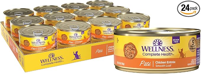 Wellness Complete Health Pate Adult Canned Wet Cat Food, Natural, Protein Rich, Grain Free, Chicken Entrée Recipe, 5.5 oz, Pack of 24 Cans