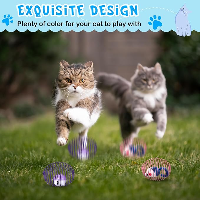 Jecery 5 Pcs Cat Spring Balls Toys Stretchable Rolling Balls Colorful Playful Coils Interactive Action Toy Caged Rats for Kitten Pet Supplies (Mouse and Bell,Mix Colors)