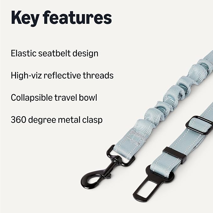 Amazon Basics Dog Seat Belt, Adjustable Dog Car Harness, Adjustable Belt:26.3inch, Collapsible Travel Bowl:5.1 x 2.2 inches / 0.6 inch, Black/Blue/Orange