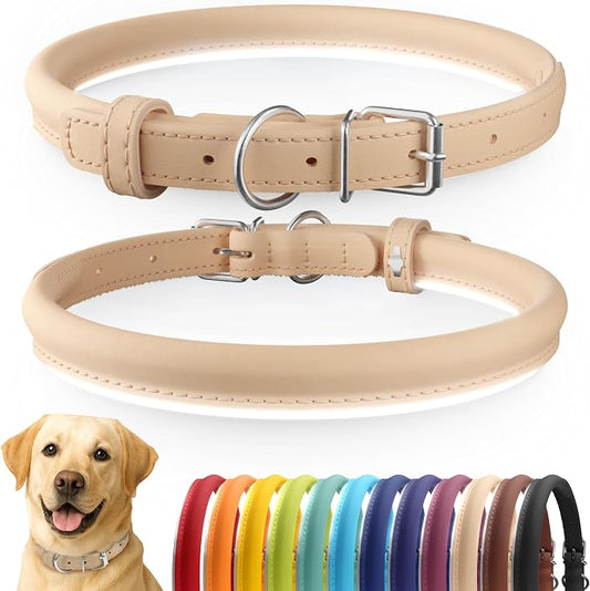 CollarDirect Reflective Rolled Leather Dog Collar, Soft Padded Round Puppy Collar, Handmade Genuine Leather Collar Dog Small Large Cat Collars 13 Colors (15-19 Inch, Beige Reflective)