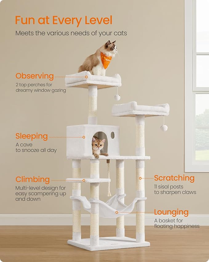 Feandrea Cat Tree, 55.8-Inch Cat Tower, Multi-Level Plush Condo with 11 Scratching Posts, 2 Perches, Hammock, Cave, Light Warm White UPCT015W02