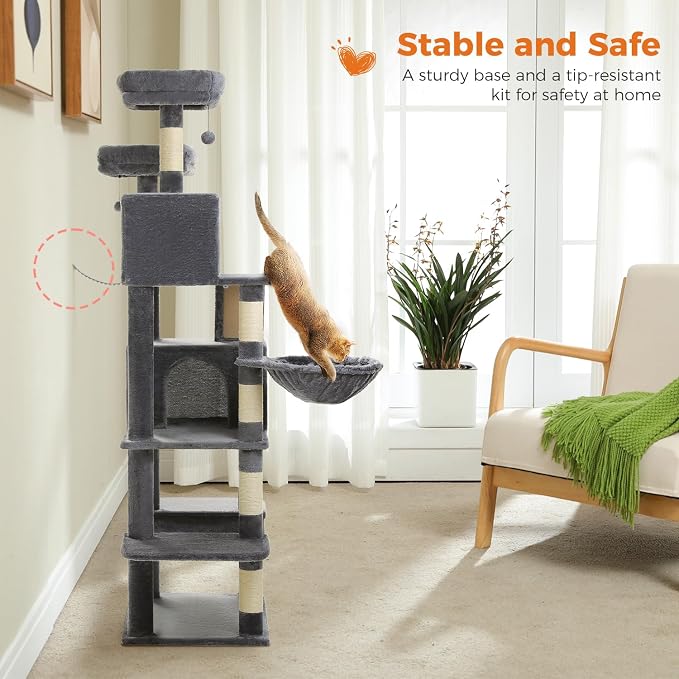 MUTTROS 70.8" Tall Cat Tree for Large Cats, Multi-Level Cat Tower with 8 Sisal Scratching Posts, 2 Top Perches, Big Condo, Large Hammock, and Cat Furniture for Indoor Cats, Dark Gray