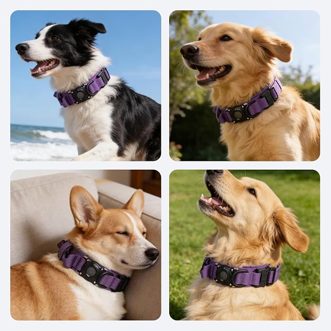 Upgraded AirTag Dog Collar,Waterproof Tactical Dog Collar with AirTag Holder, Control Handle and Metal Buckle,Heavy Duty Dog Collars for Large Dogs Adjustable Heavy Duty Dog Collars(DeepPurple，L