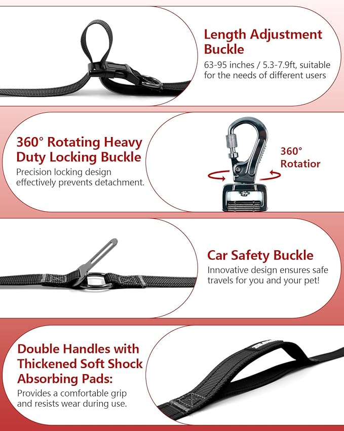 Hands Free Dog Leash & Car Seatbelt, 5.3-7.9ft Crossbody Dog Belt with Dual Soft Handles, Shock-Absorbing, 360° Clip, Reflective Design for Walking, Running, Hiking, Travel. (Black)