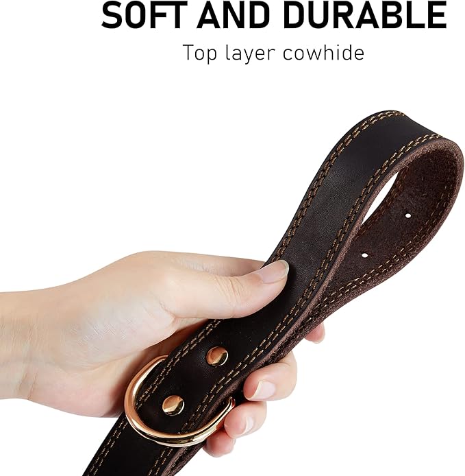 Leather Dog Collar, Heavy Duty Wide Dog Collar for Small,Medium,Large and Extra Large Dogs (M: 1" Wide for 15.2"-19.2" Neck, Dual Stitch - Brown)