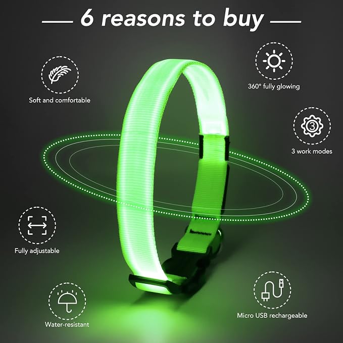 Light Up Dog Collar, Rechargeable USB Collar, Waterproof, Luminous LED Collar, Adjustable, Super Bright, Night Walking for Small Medium Large Dogs, Green, M