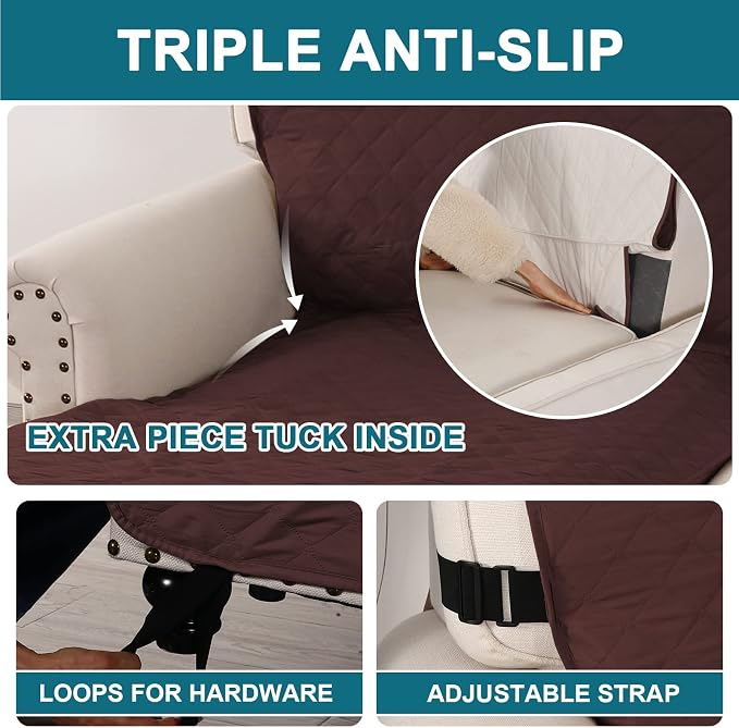 Turquoize 100% Waterproof Sofa Covers Chaise Lounge L Shape Sofa Protector Chaise Slip Cover Triple Non-Slip Sofa Slipcover for Sectional Couch Cover for Pets, Kids (Chaise, Brown)
