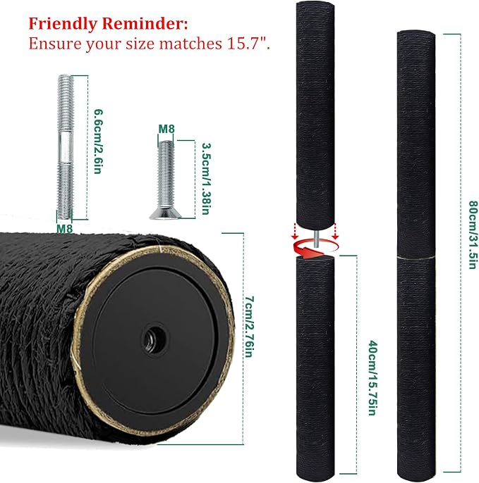 Gothic & Goth Cat Tree Tower Replacement Post - Black, 4 Pack, 15.7in Scratching Post Pole with M8 Screws, Natural Sisal for Cat Tree Repair & Rebuild