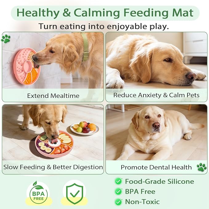 Silicone Dog & Cat Slow Feeder Bowl Lick Mat with Strong Suction Cups, Anti-Spill Design, Multi-Textured, Extend Mealtime, Reduce Anxiety, Dishwasher Safe, All Breeds & Ages (Pink)
