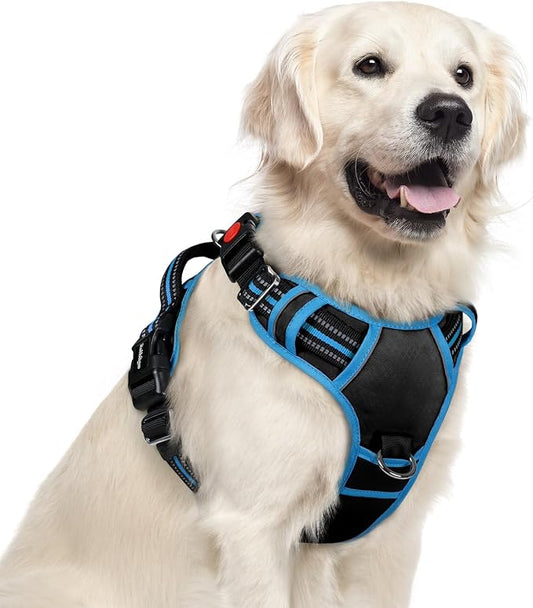 rabbitgoo Dog Harness for Large Dogs, 3 Buckles Easy On & Off No Pull Pet Vest, Soft Padded Walking Pet Harness with Control Handle, Adjustable and Reflective, Black & Sky Blue, XL