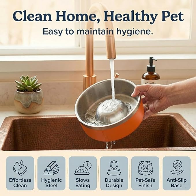 Stainless Steel Slow Feeder Dog Bowl, Heavy Duty Thickened Metal Dog Bowl, Non-Slip Base, Dishwasher Safe, Anti Gulping Feeding Bowl for Small to Medium Dogs & Cats, 56 oz, (Orange)