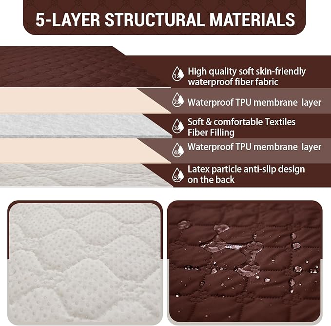 Waterproof Recliner Sofa Covers with Flipped Middle Backrest Washable Recliner Couch Covers Non-Slip with Elastic Straps Furniture Protector for Kid Dogs Pets (Coffee)